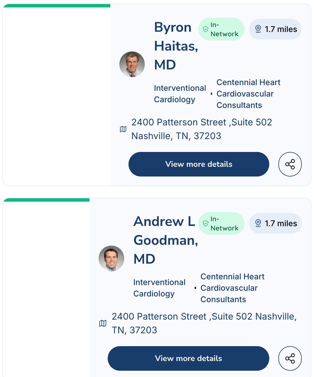 GuidingPatients physician search results showing in-network cardiologists near Nashville with headshots, badges, and booking buttons